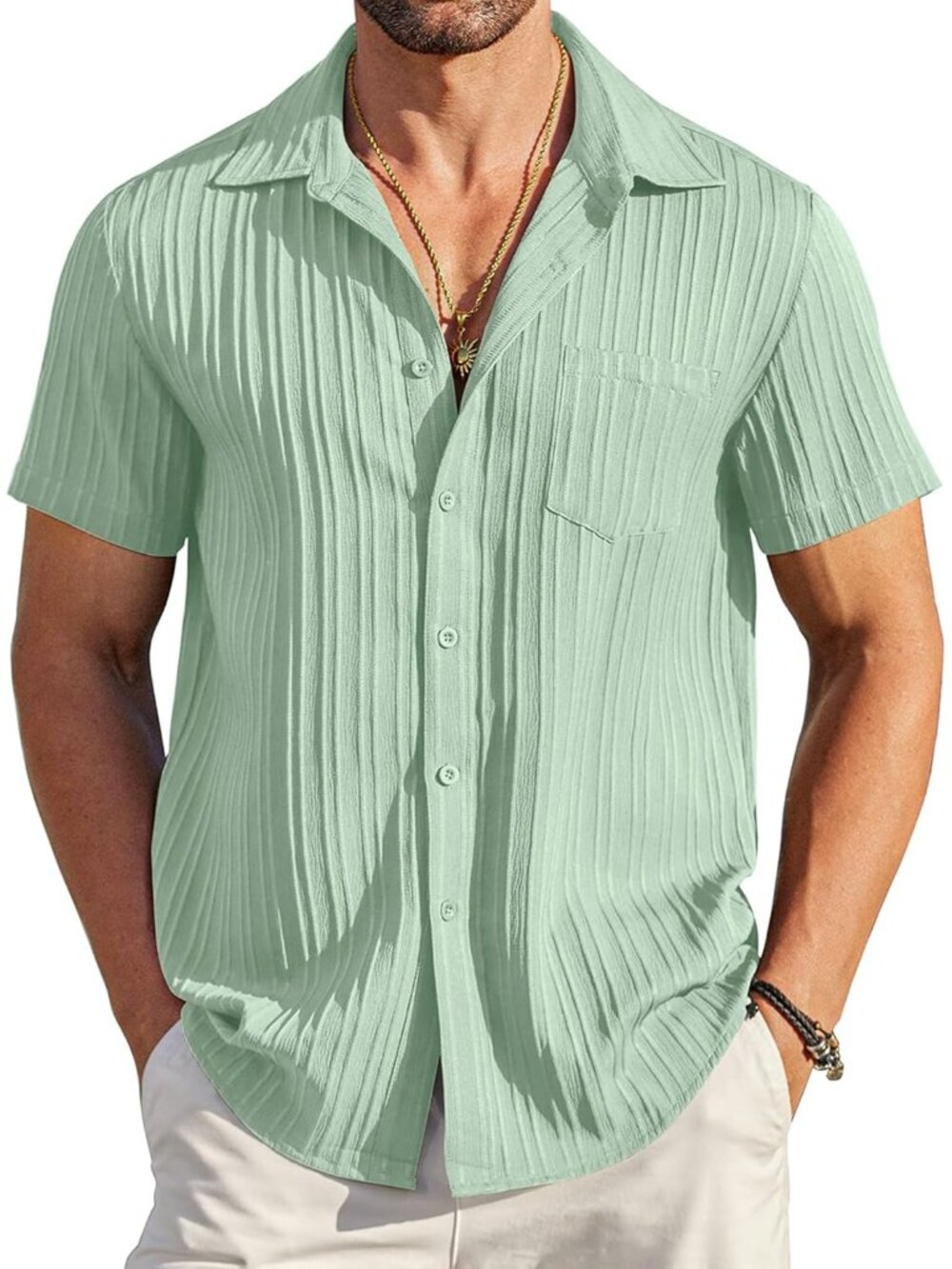 Men's Light Green Short Sleeve Textured Summer Collared Casual Button Down Shirt